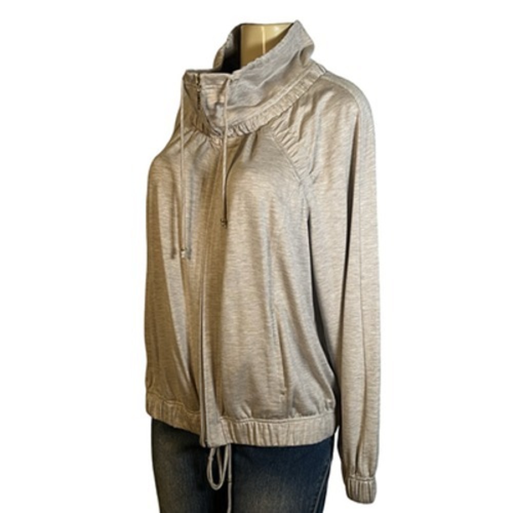 St. John Spa Jacket Womens Large Tan Jersey Full Zip Drawstring‎ Collar